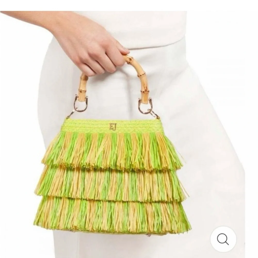 ERIC JAVITS L’il MAMBO RAFFIA FRINGE BAMBOO HANDLE HANDBAG CHARTREUSE - Picture 4 of 5